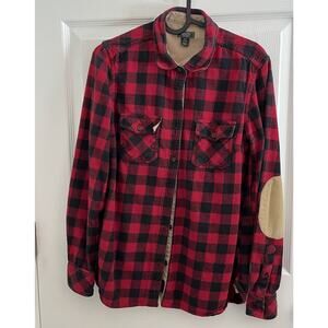Roots Park Plaid Shirt Womens Size Small Cabin Red Buffalo Plaid Elbow Patch